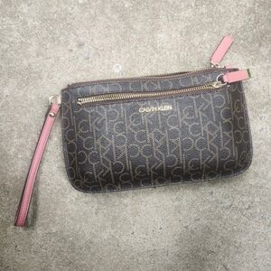Calvin Klein | Dark Brown Monogram Wristlet w/ Pink Accents